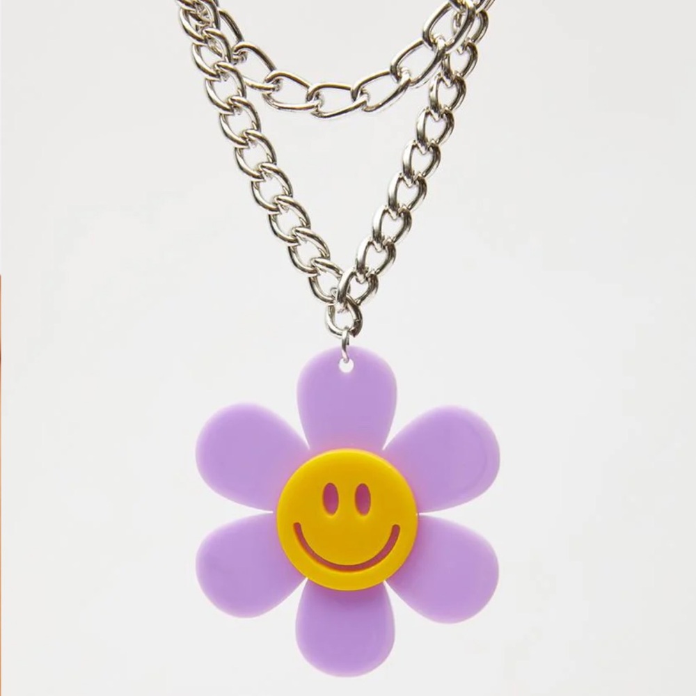 Dolls Kill Smiley Daisy Necklace Purple Flower Y2K Festival Rave Coquette